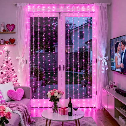 300 LED Curtain Lights Plug in with Remote, Pink String Lights for Bedroom, Christmas, Window, Wall, Party, Teen, Girls' Room, Dorm, Valentine'S Day Indoor Outdoor Decor, 9.8X9.8Ft