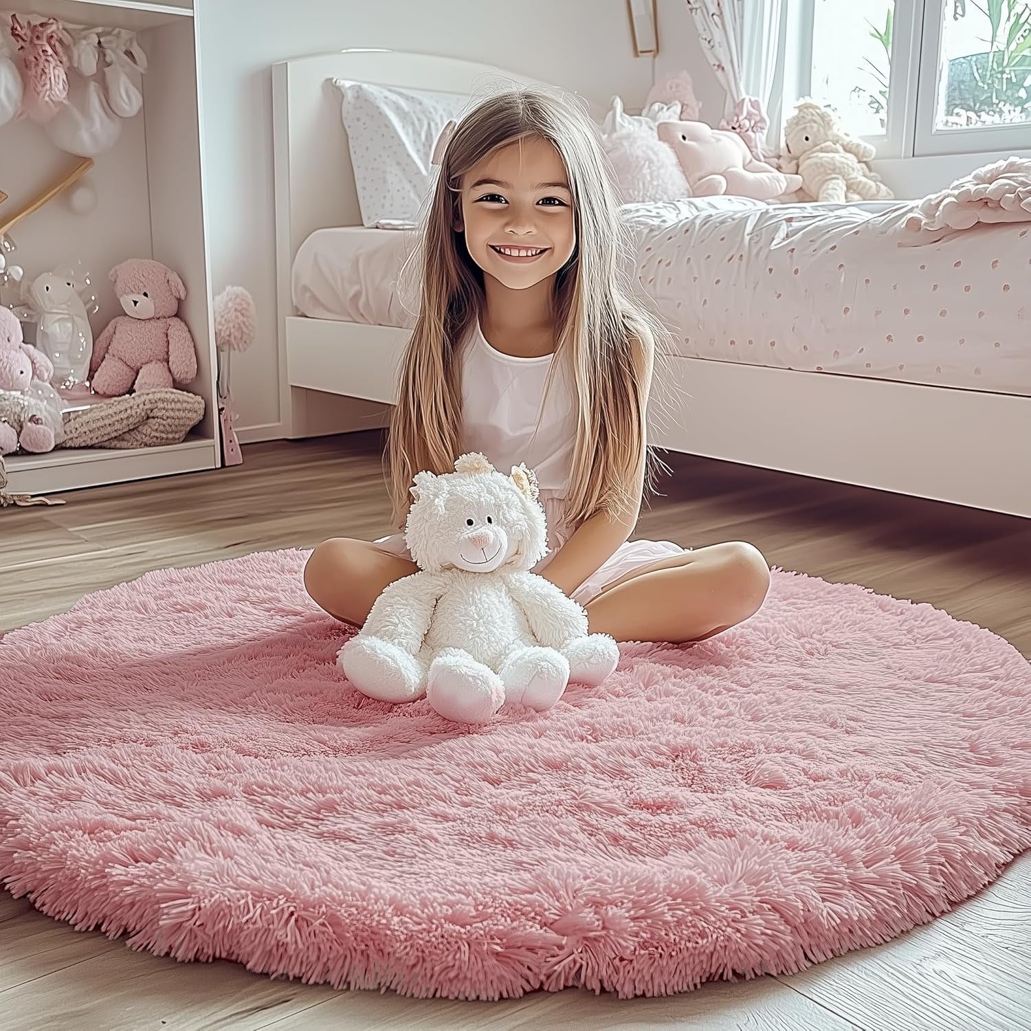 Light Pink round Area Rugs 2Ft for Bedroom Living Room, Fluffy Cat Dog Bed Mat, Circle Rug for Kids Girls Boys Teen, Soft Plush Shaggy Carpet for Nursery Dorm Home Decor Aesthetic
