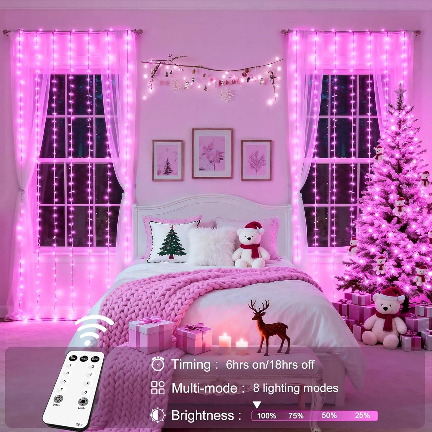 300 LED Curtain Lights Plug in with Remote, Pink String Lights for Bedroom, Christmas, Window, Wall, Party, Teen, Girls' Room, Dorm, Valentine'S Day Indoor Outdoor Decor, 9.8X9.8Ft